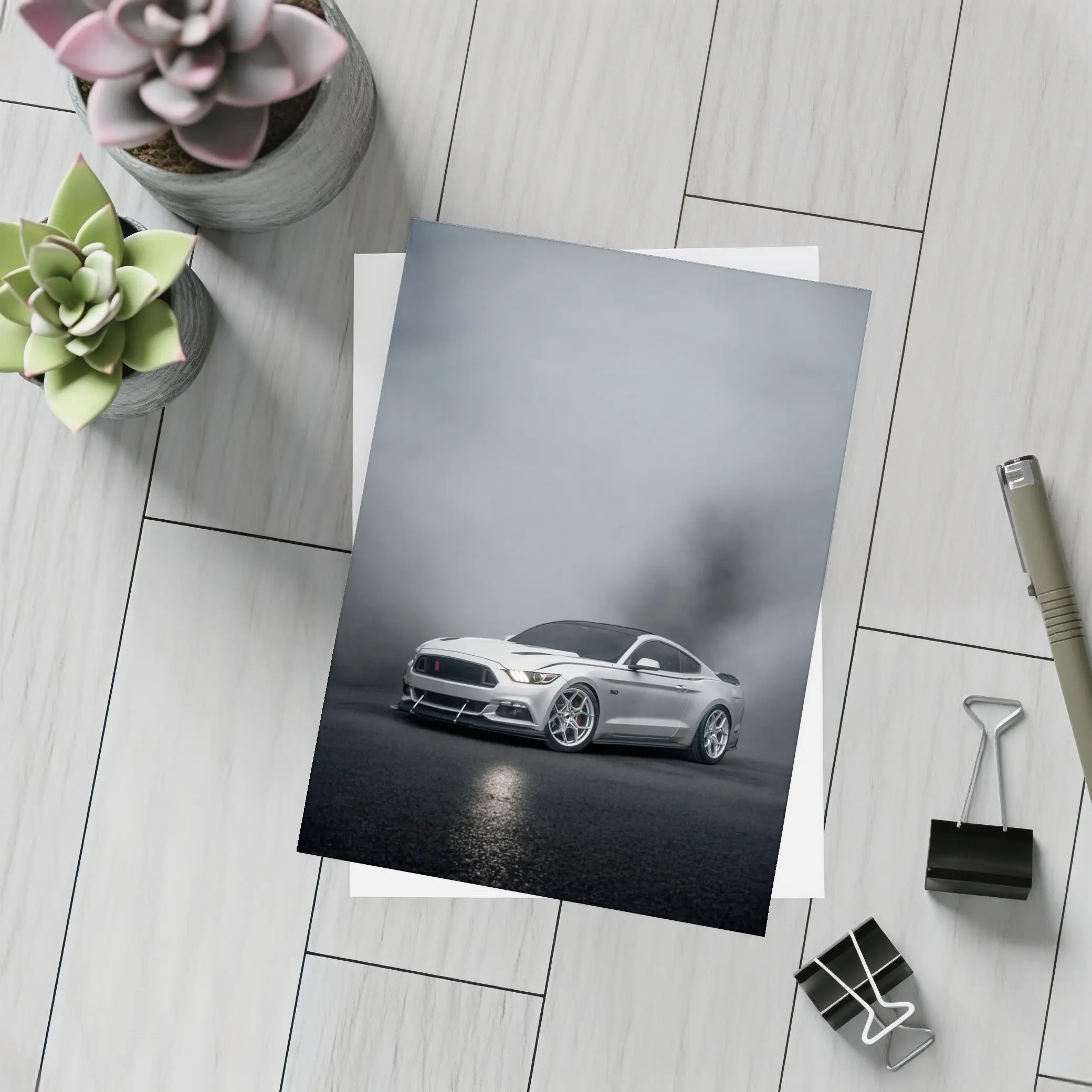 Ford Mustang Silver Stance Foggy Dark Background – Postcards
