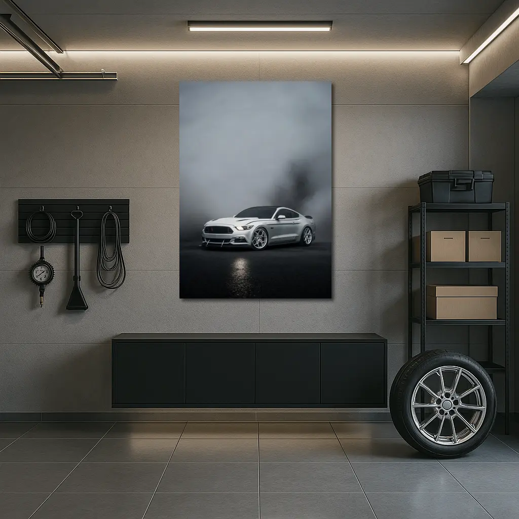 Ford Mustang Silver Stance Foggy Dark Background – Wall Art