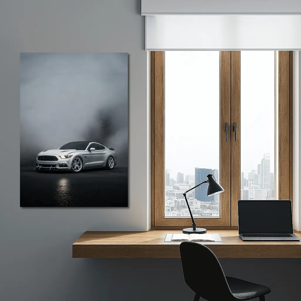 Ford Mustang Silver Stance Foggy Dark Background – Wall Art
