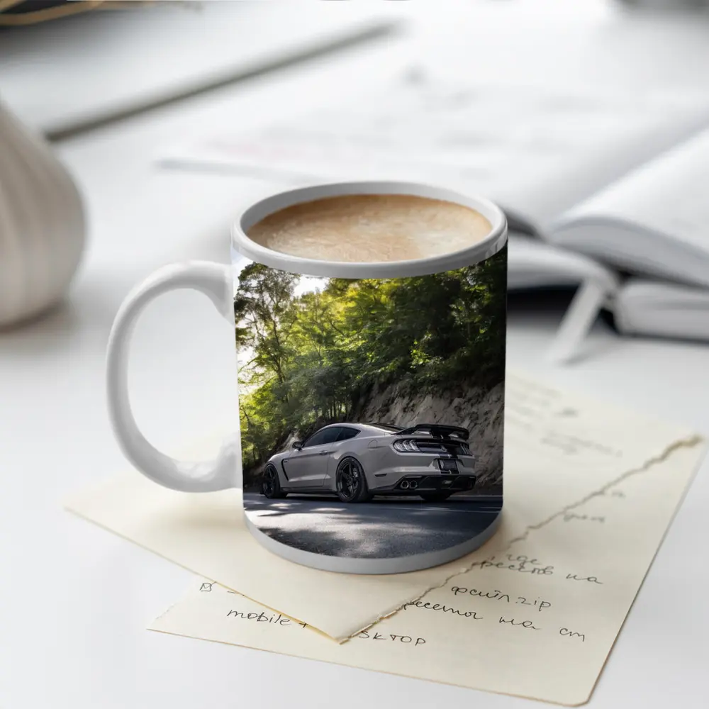 Ford Mustang Silver On Forest Road – Mugs