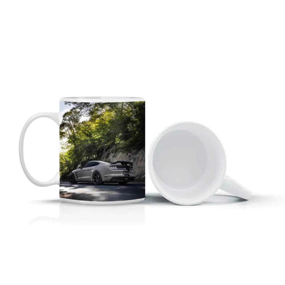 Ford Mustang Silver On Forest Road – Mugs