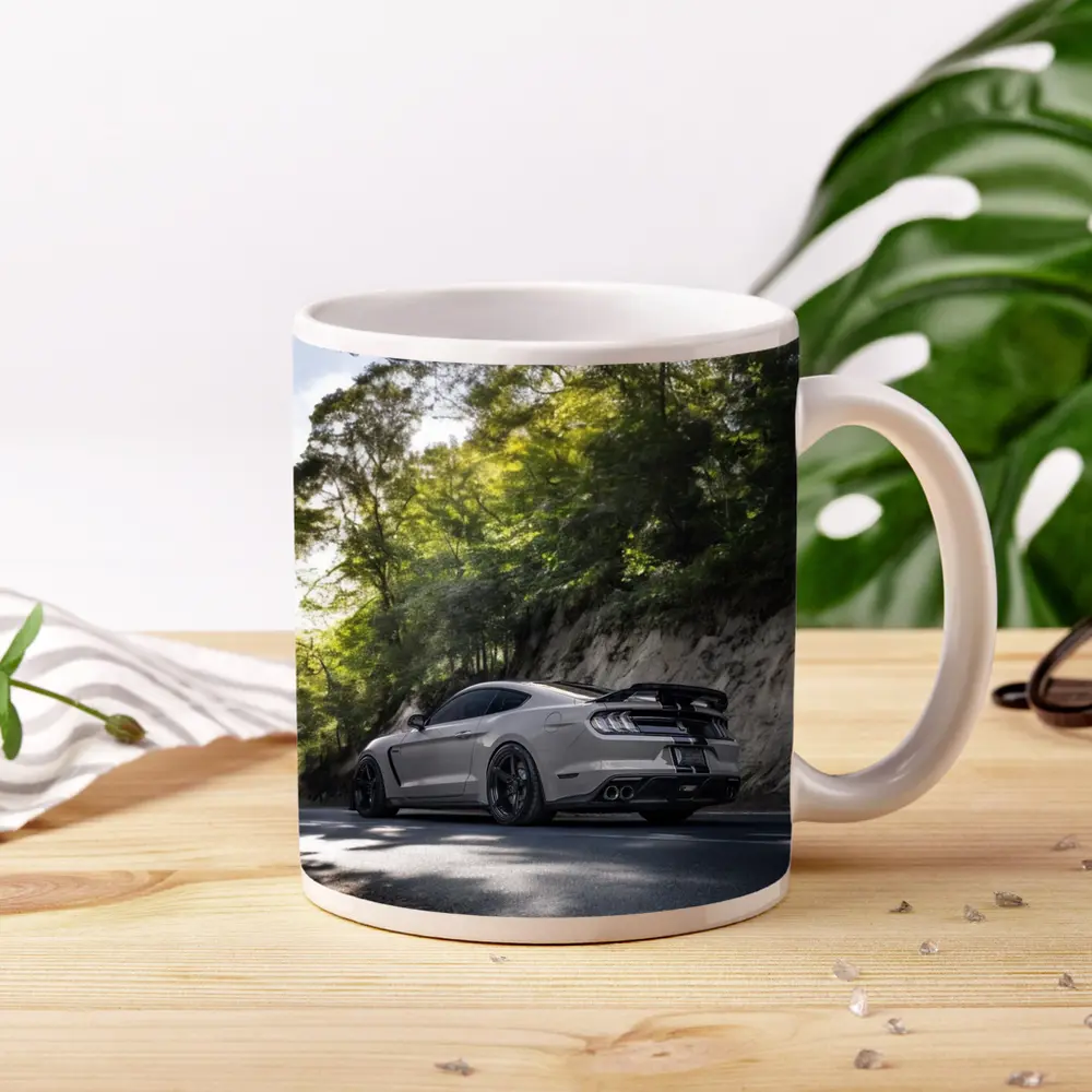 Ford Mustang Silver On Forest Road – Mugs