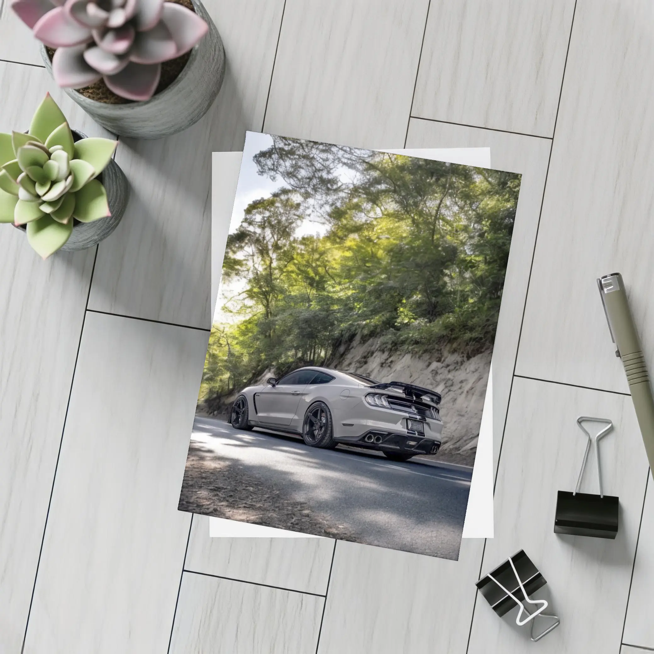 Ford Mustang Silver On Forest Road – Postcards