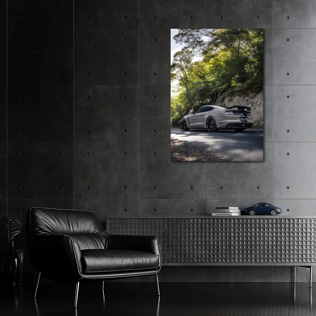 Ford Mustang Silver On Forest Road – Wall Art