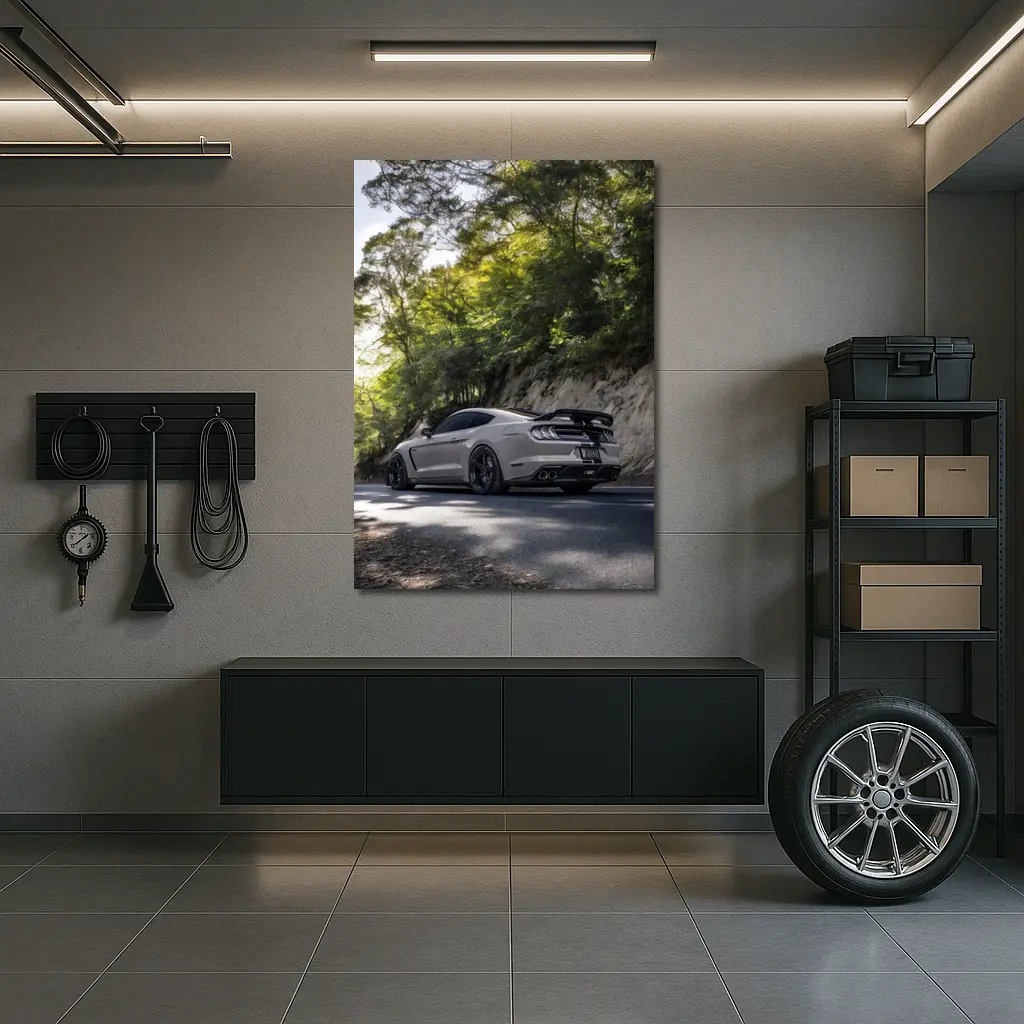 Ford Mustang Silver On Forest Road – Wall Art