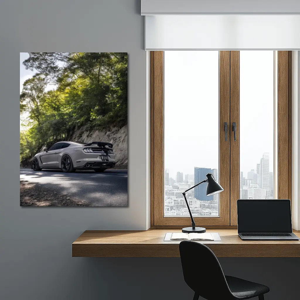 Ford Mustang Silver On Forest Road – Wall Art
