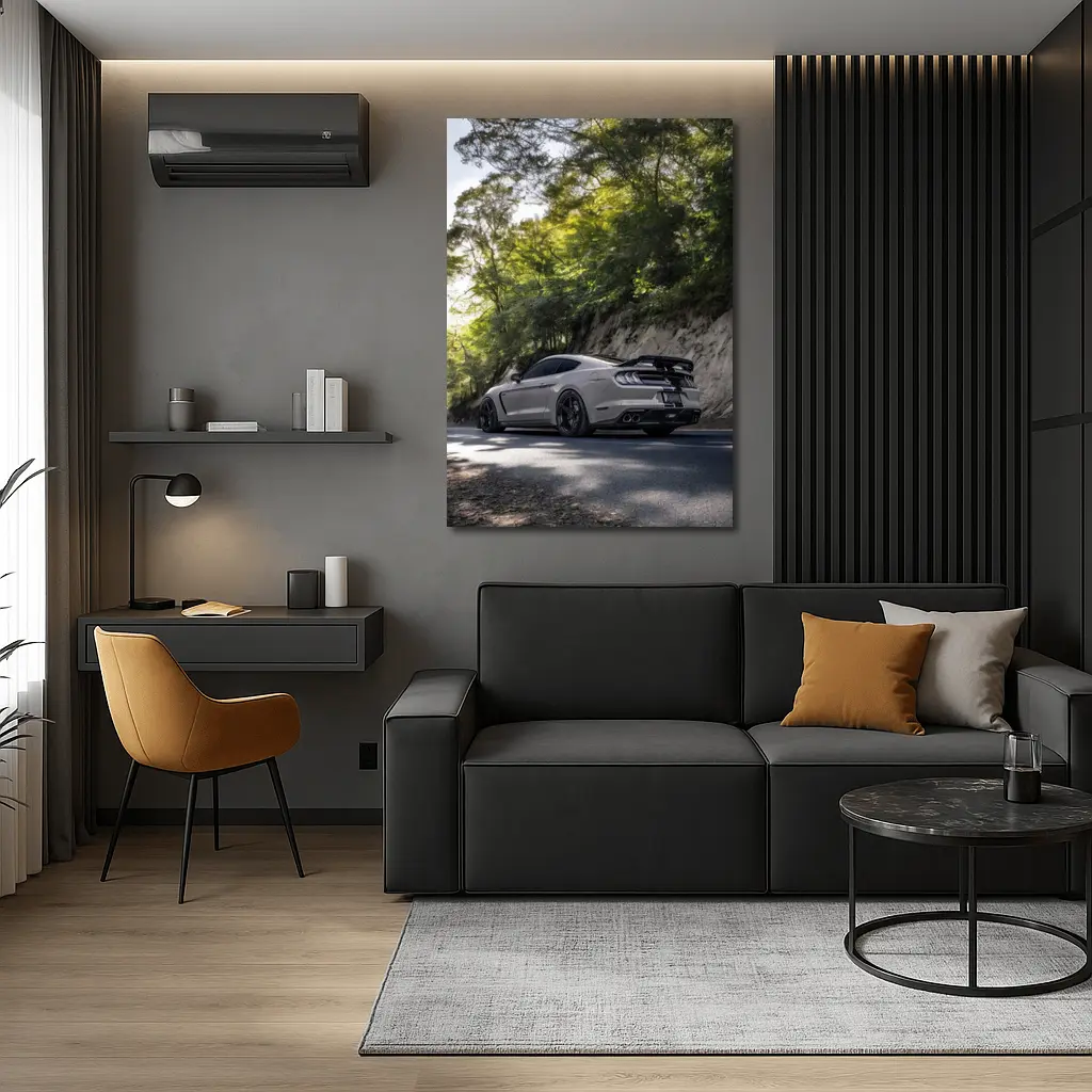 Ford Mustang Silver On Forest Road – Wall Art
