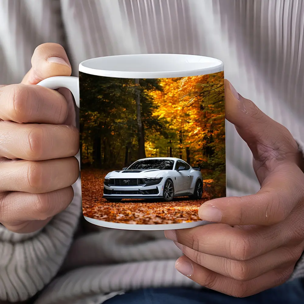 Ford Mustang White Car Autumn Forest – Mugs