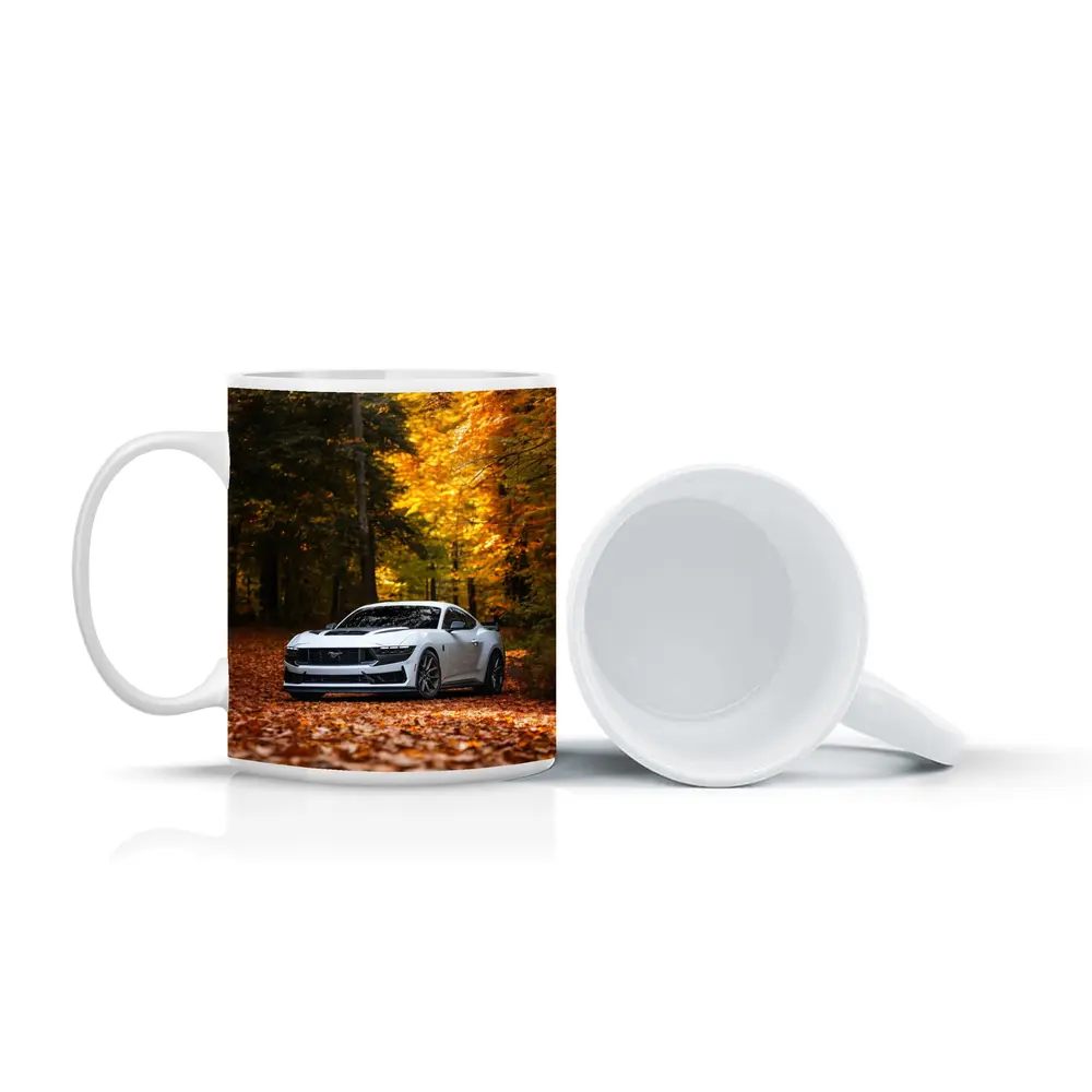 Ford Mustang White Car Autumn Forest – Mugs