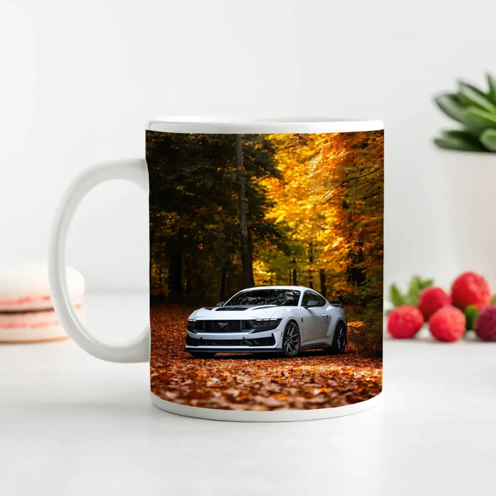 Ford Mustang White Car Autumn Forest – Mugs