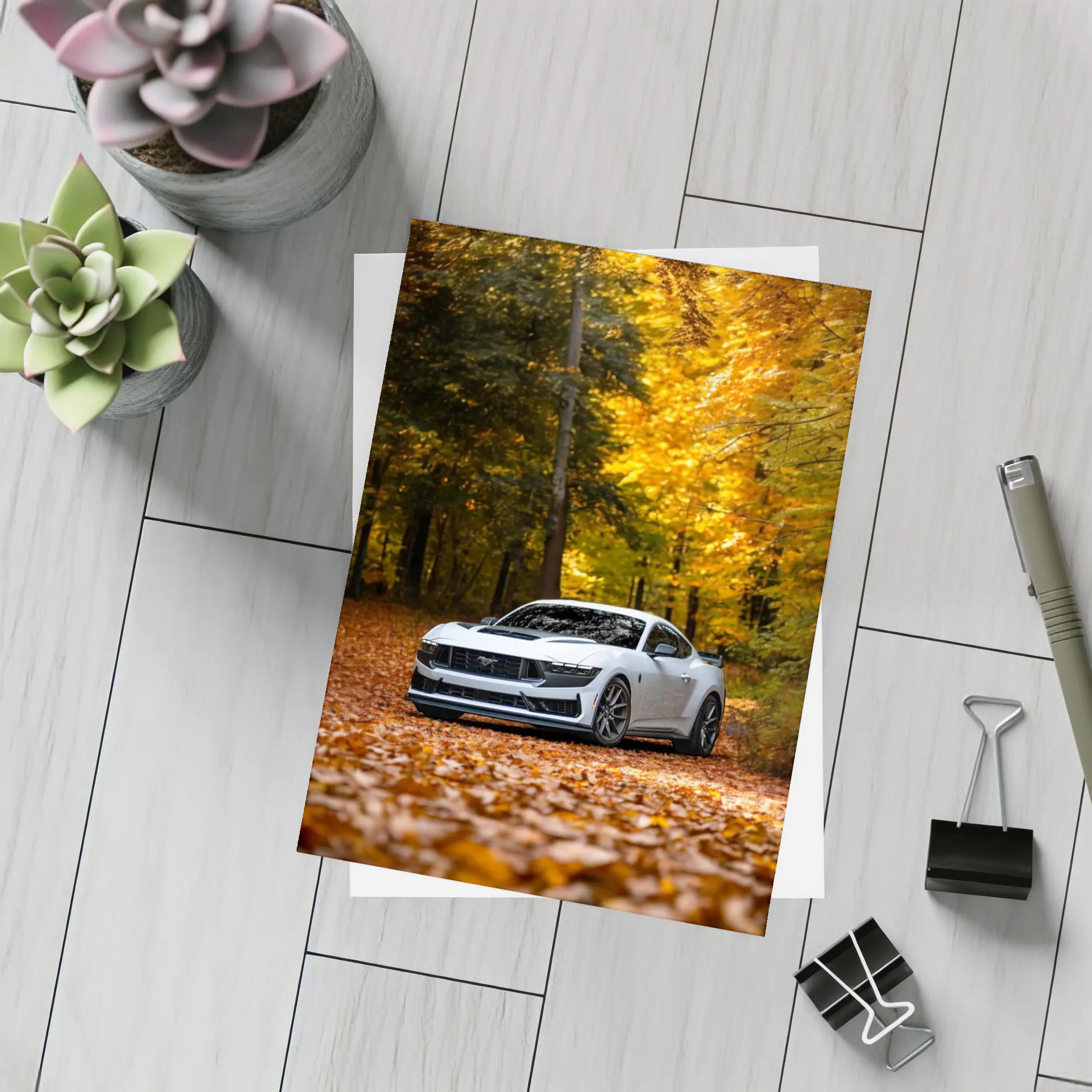 Ford Mustang White Car Autumn Forest – Postcards