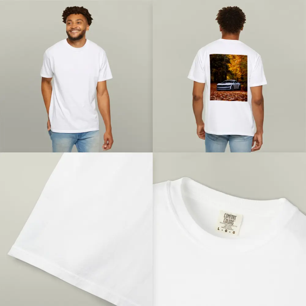 Ford Mustang White Car Autumn Forest – T-Shirts