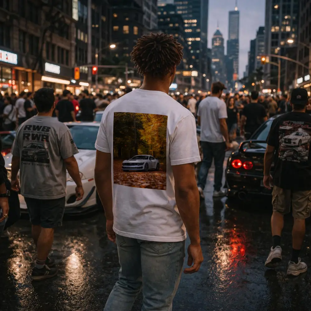 Ford Mustang White Car Autumn Forest – T-Shirts