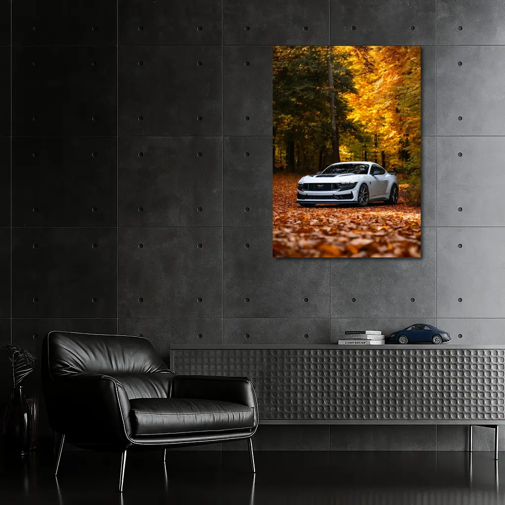 Ford Mustang White Car Autumn Forest – Wall Art