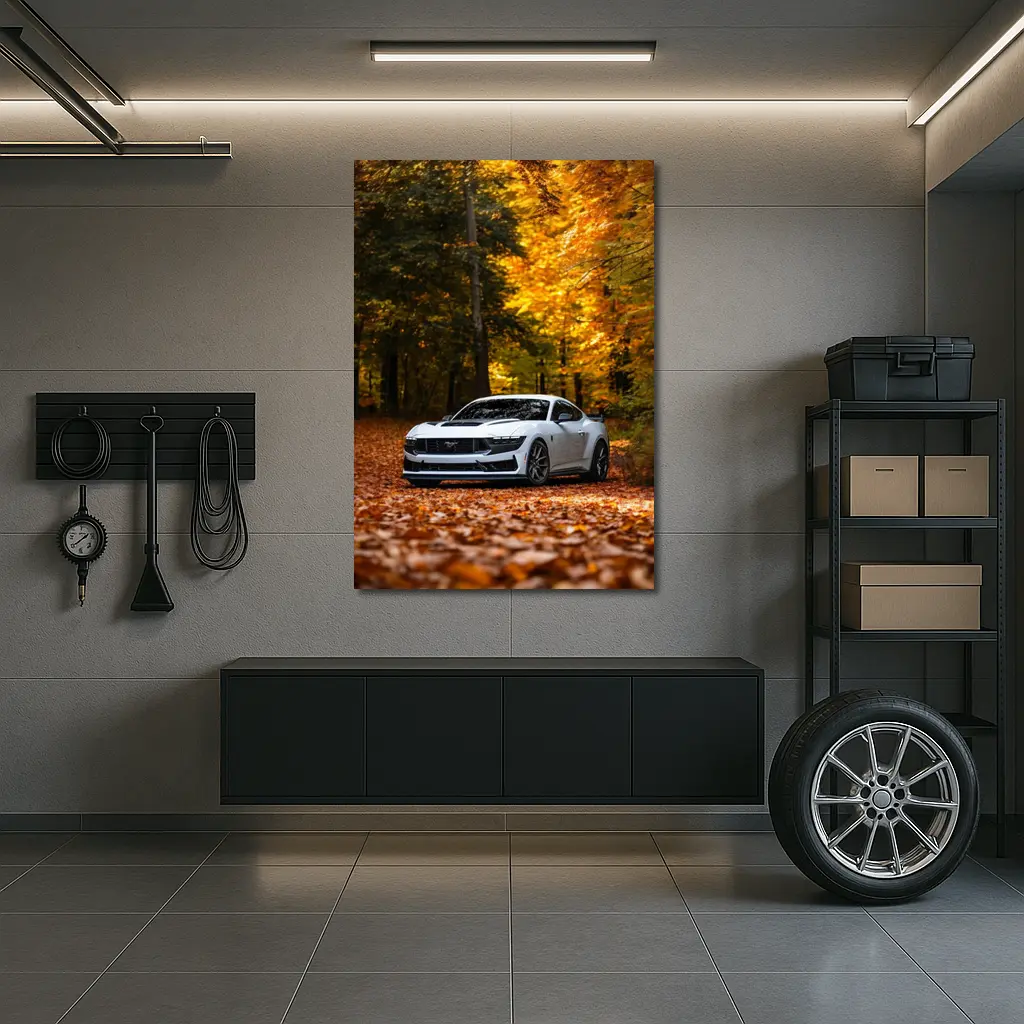 Ford Mustang White Car Autumn Forest – Wall Art