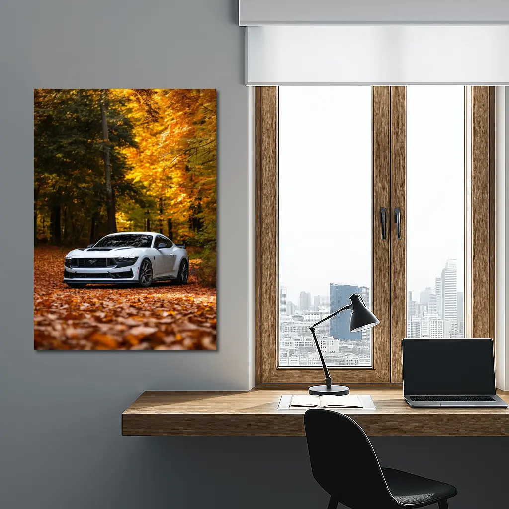 Ford Mustang White Car Autumn Forest – Wall Art