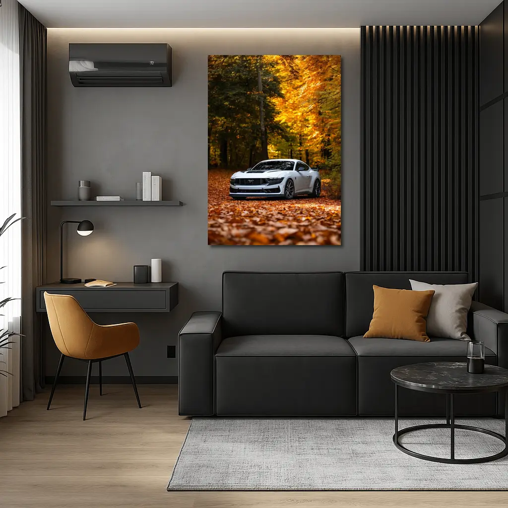 Ford Mustang White Car Autumn Forest – Wall Art