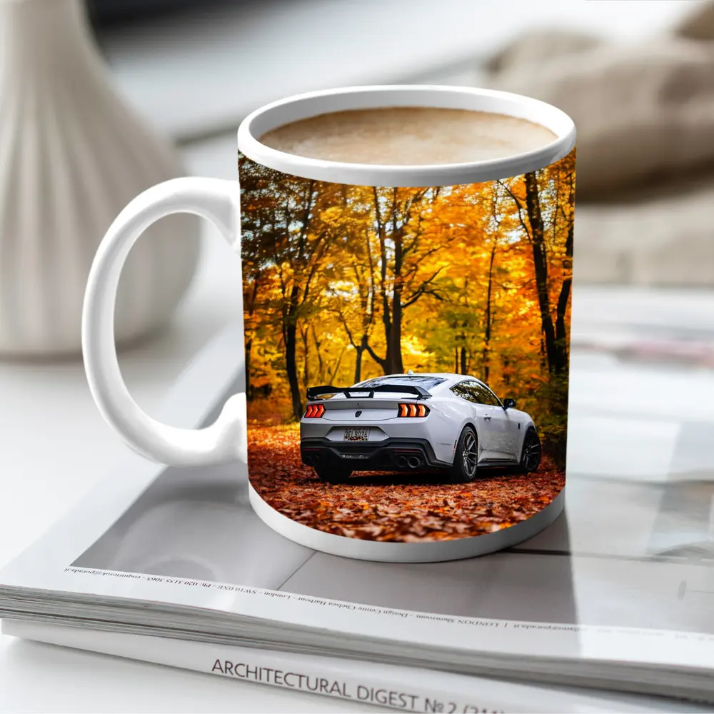 Ford Mustang White Car Autumn Forest – Mugs