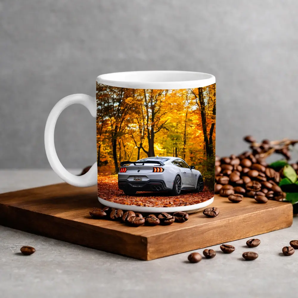 Ford Mustang White Car Autumn Forest – Mugs