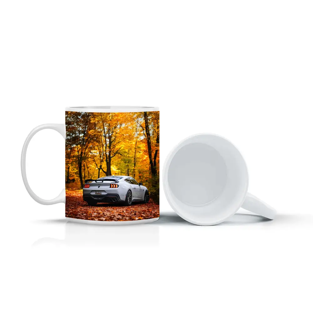 Ford Mustang White Car Autumn Forest – Mugs
