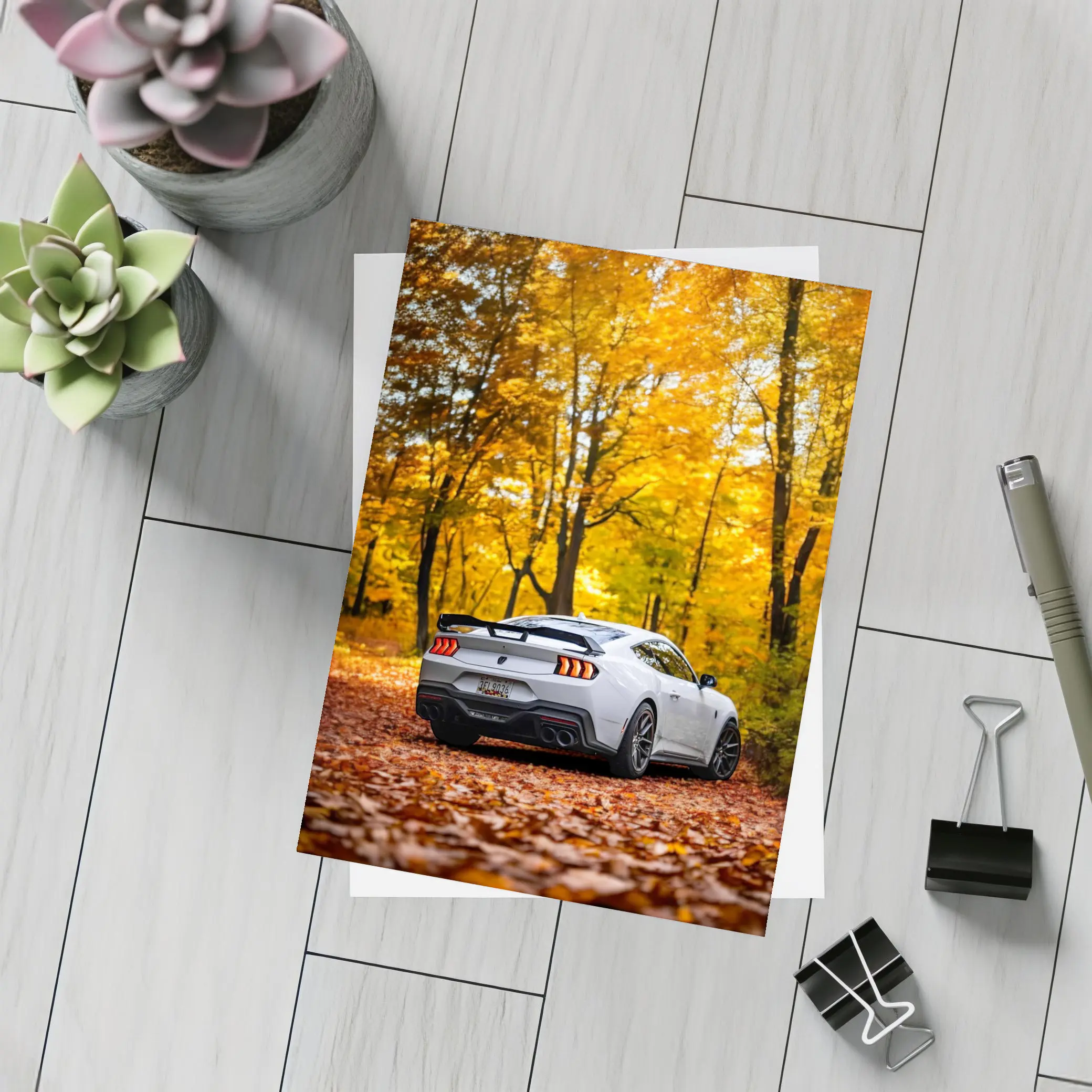 Ford Mustang White Car Autumn Forest – Postcards