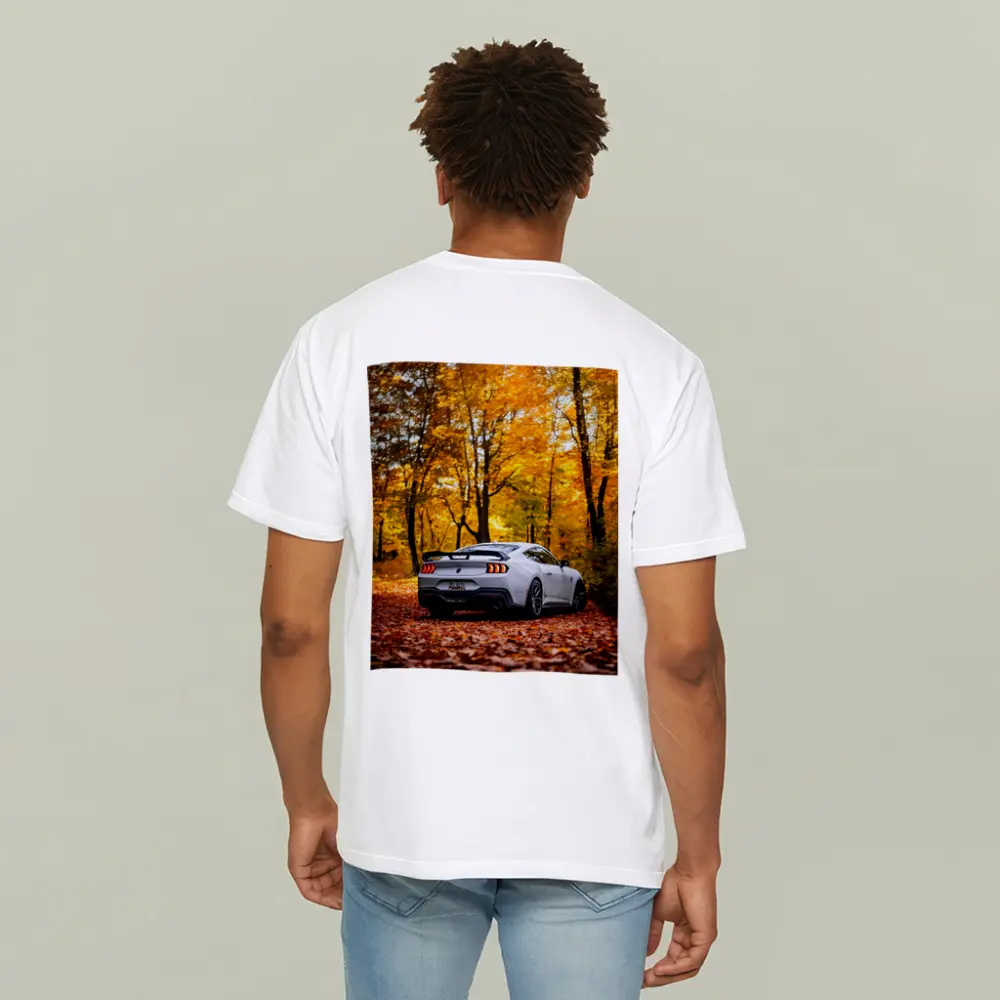 Ford Mustang White Car Autumn Forest – T-Shirts