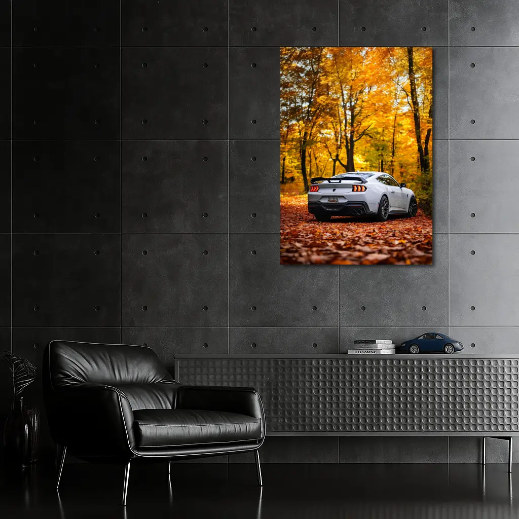 Ford Mustang White Car Autumn Forest – Wall Art