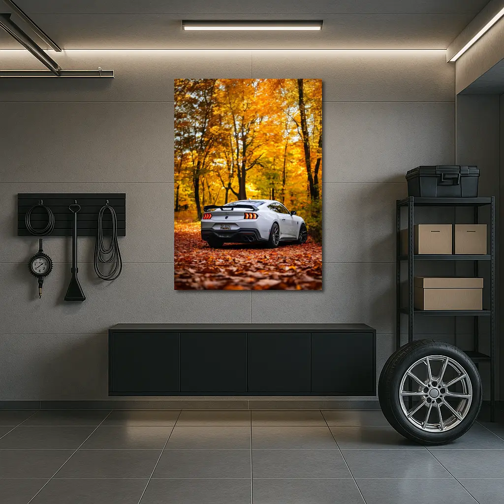 Ford Mustang White Car Autumn Forest – Wall Art