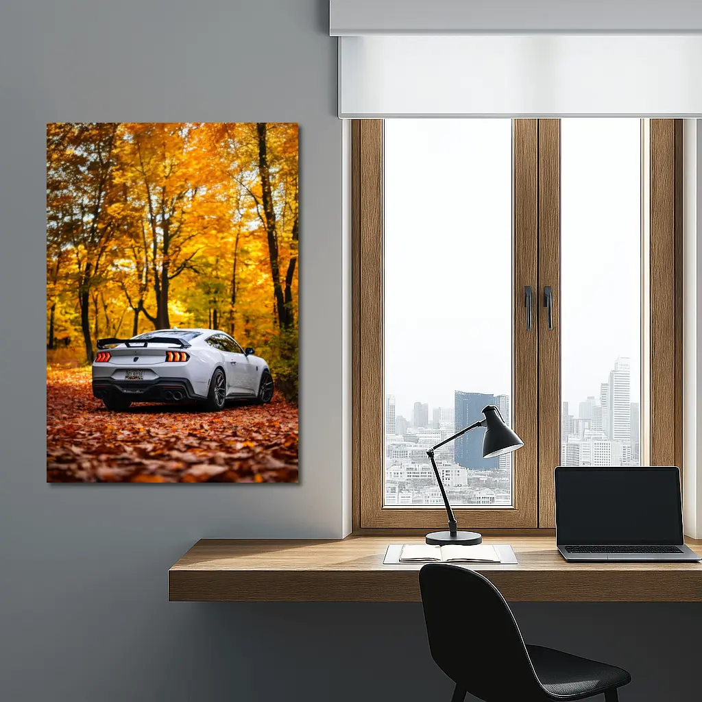 Ford Mustang White Car Autumn Forest – Wall Art