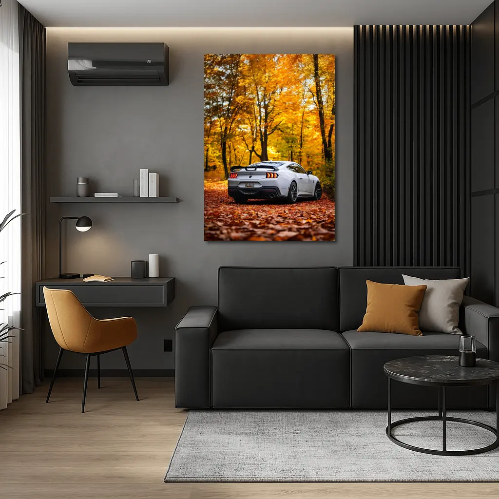 Ford Mustang White Car Autumn Forest – Wall Art