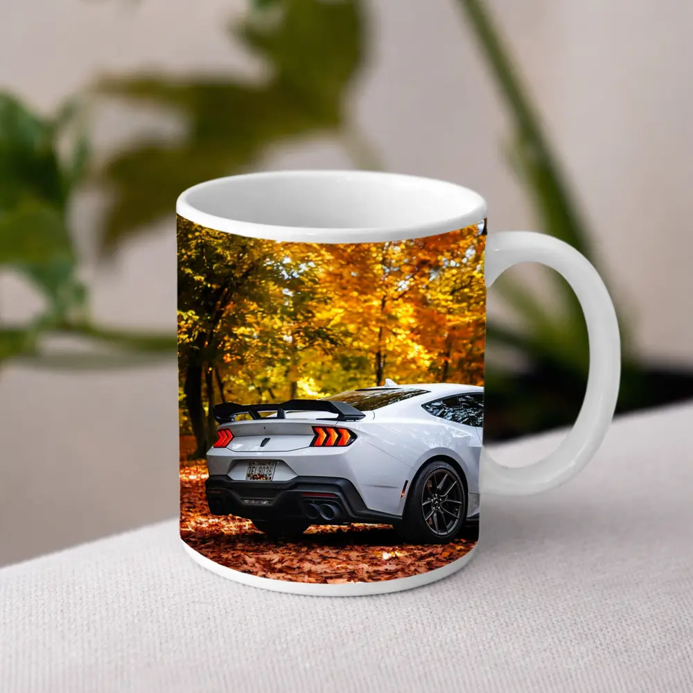 Ford Mustang White Car Autumn Forest – Mugs