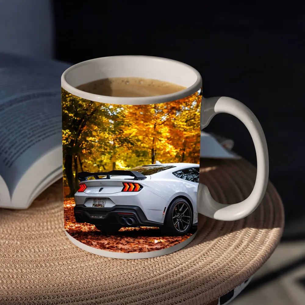 Ford Mustang White Car Autumn Forest – Mugs