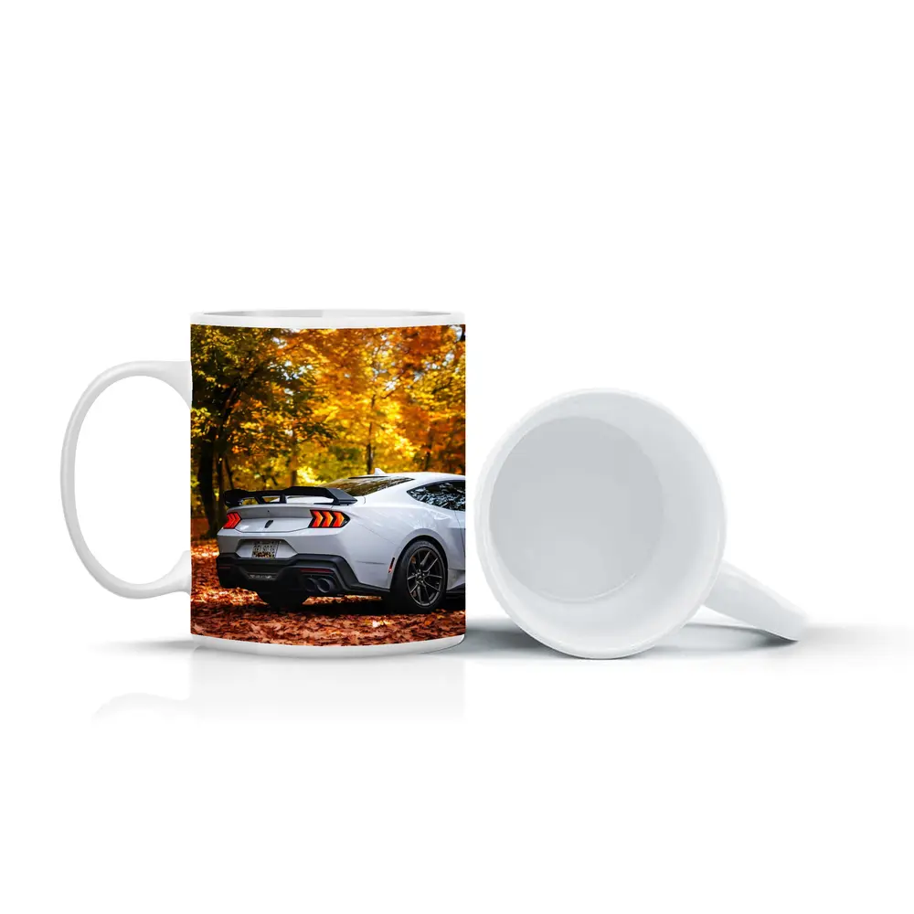 Ford Mustang White Car Autumn Forest – Mugs