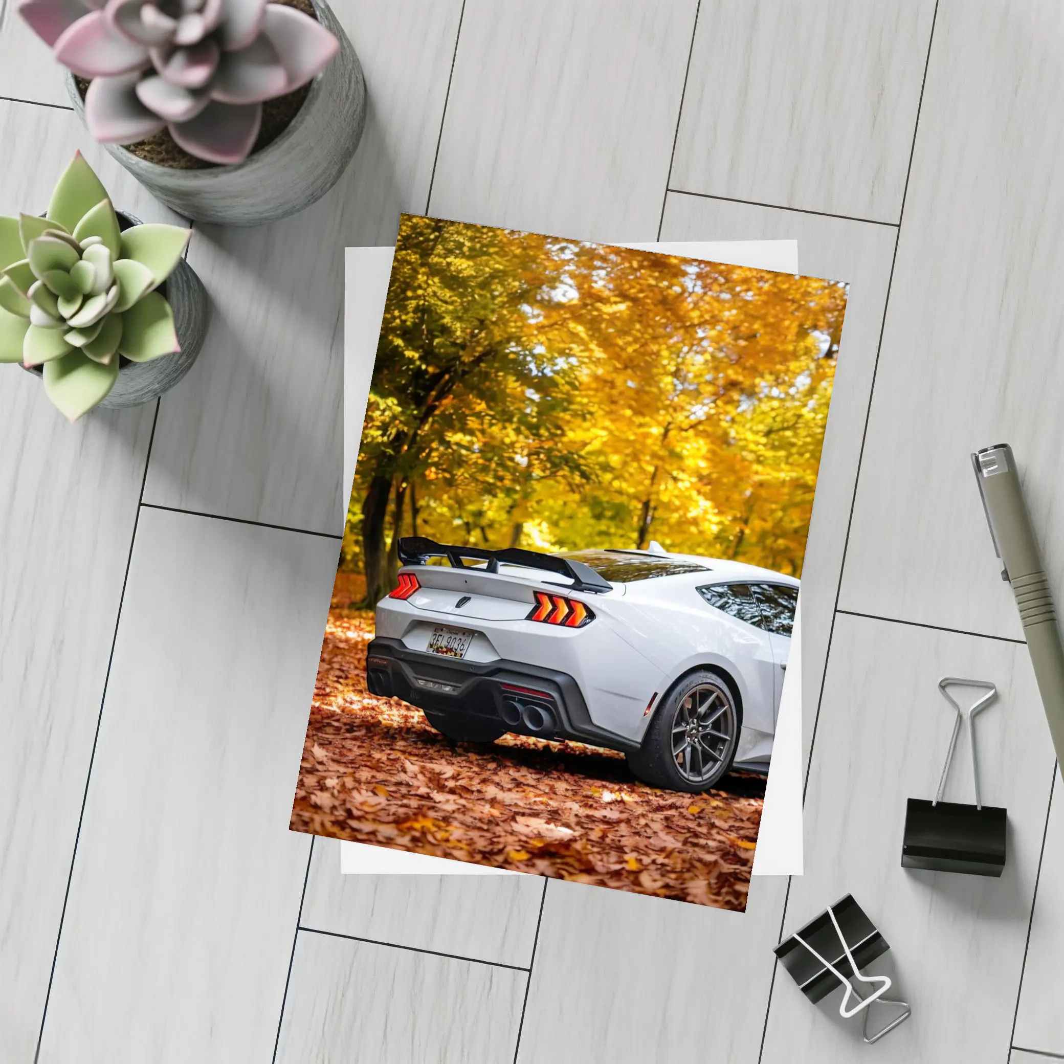 Ford Mustang White Car Autumn Forest – Postcards