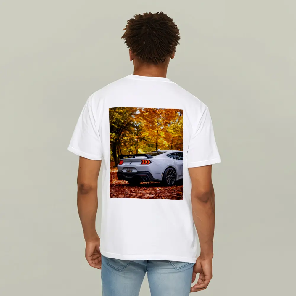Ford Mustang White Car Autumn Forest – T-Shirts