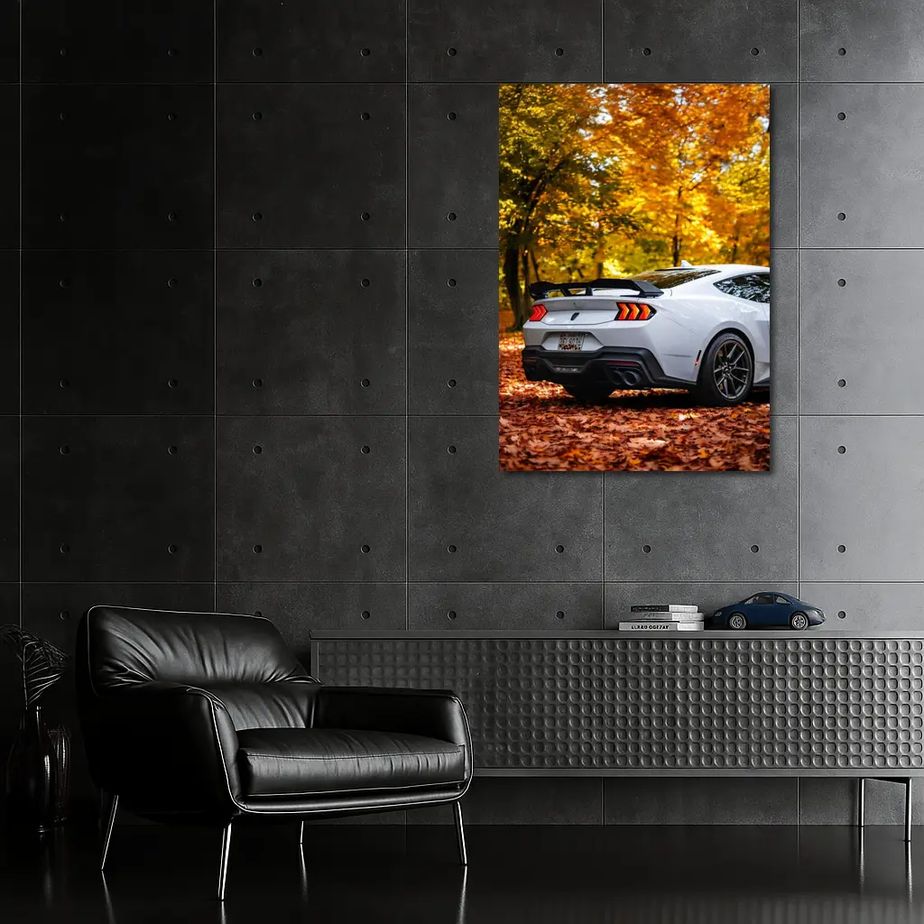 Ford Mustang White Car Autumn Forest – Wall Art