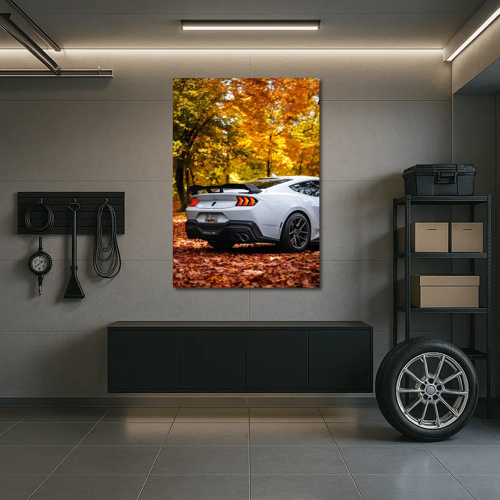 Ford Mustang White Car Autumn Forest – Wall Art
