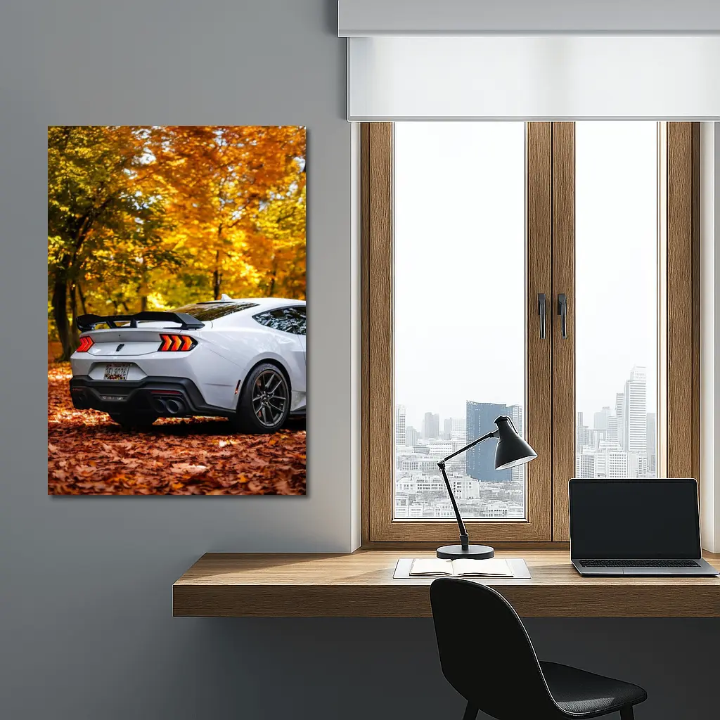 Ford Mustang White Car Autumn Forest – Wall Art