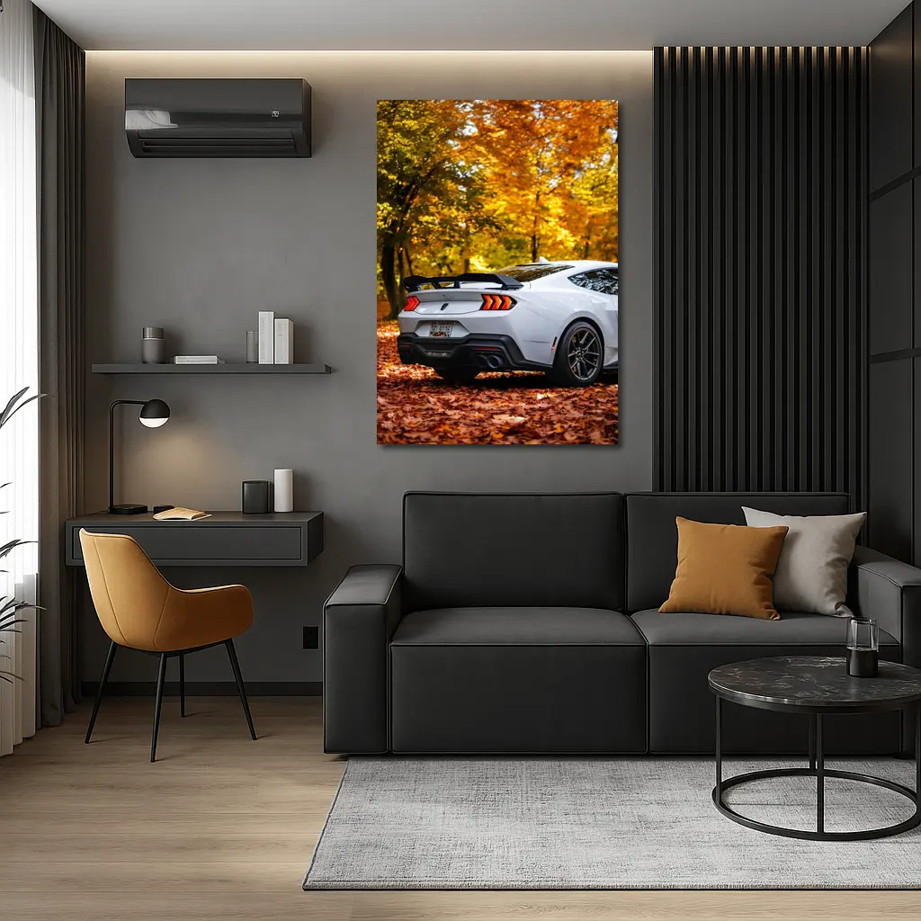 Ford Mustang White Car Autumn Forest – Wall Art