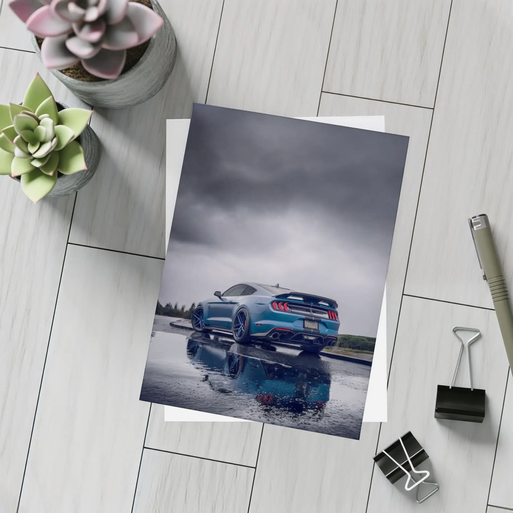 Ford Mustang Blue Stormy Sky Reflection – Postcards