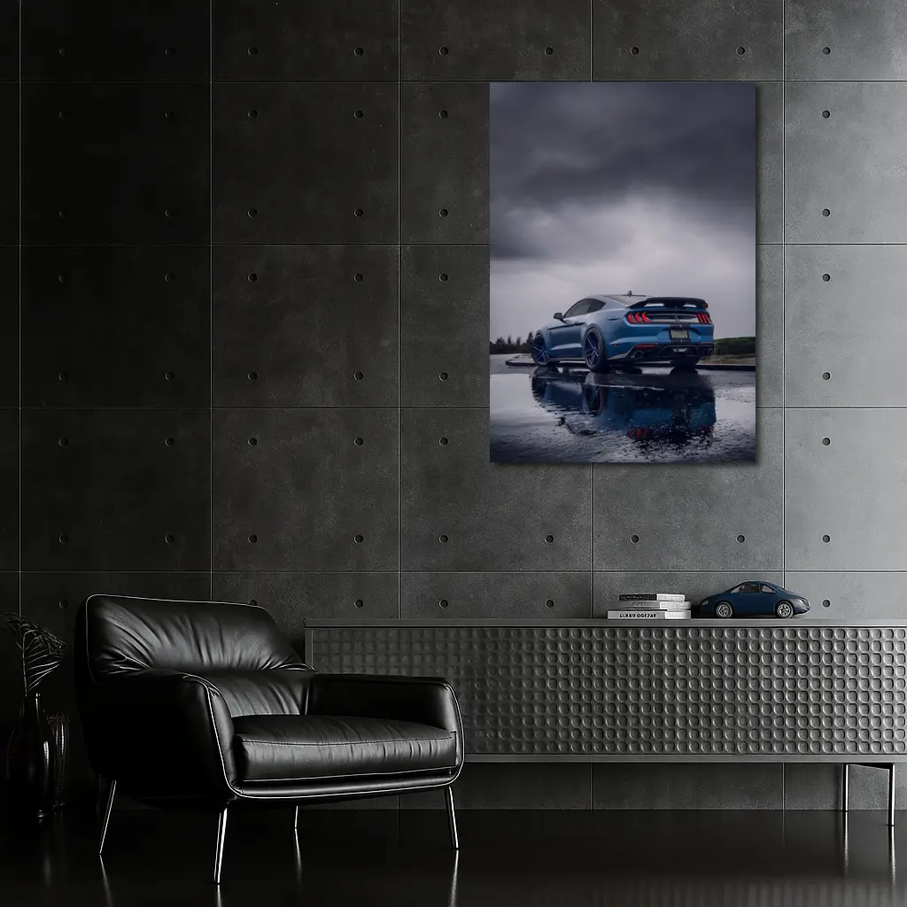 Ford Mustang Blue Stormy Sky Reflection – Wall Art