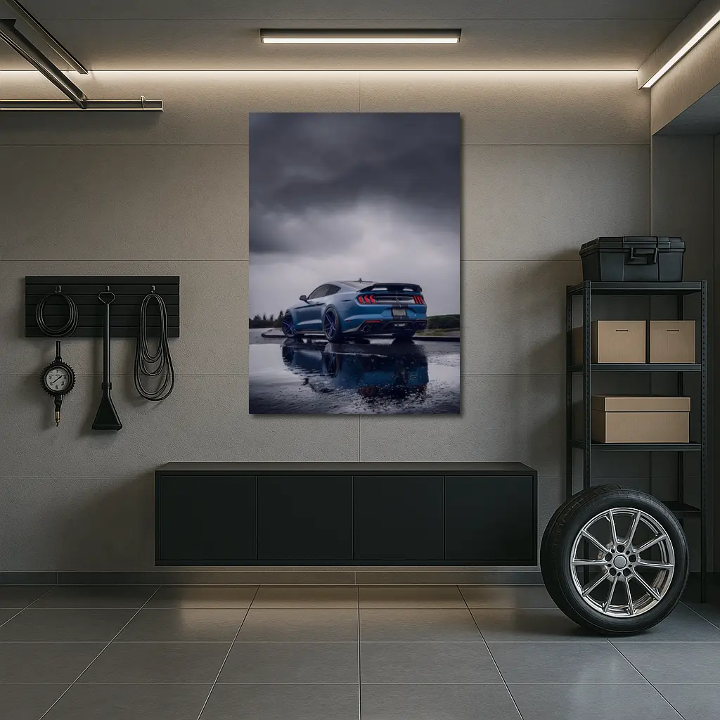 Ford Mustang Blue Stormy Sky Reflection – Wall Art