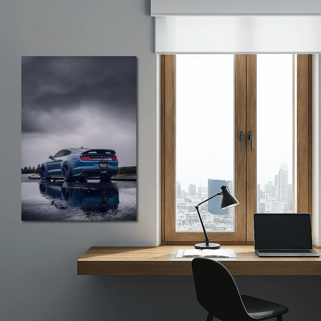 Ford Mustang Blue Stormy Sky Reflection – Wall Art