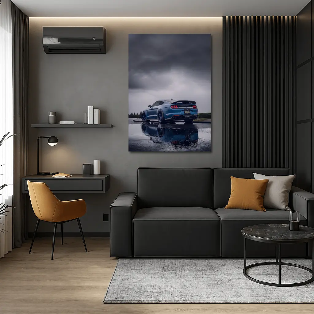 Ford Mustang Blue Stormy Sky Reflection – Wall Art