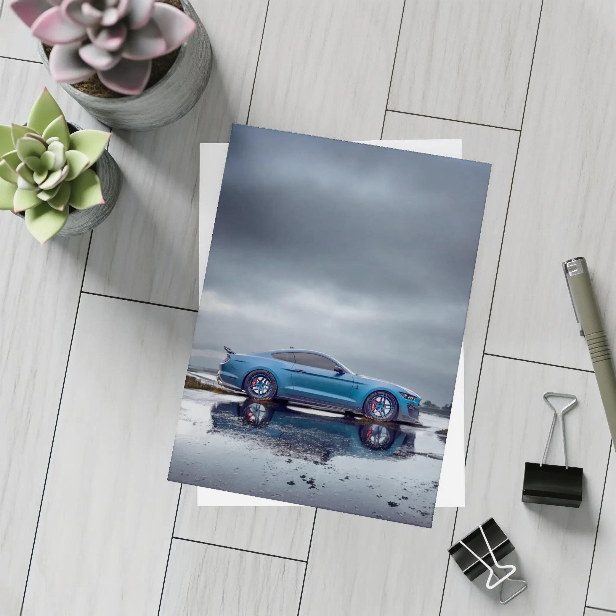 Ford Mustang Blue Stormy Reflective Landscape – Postcards