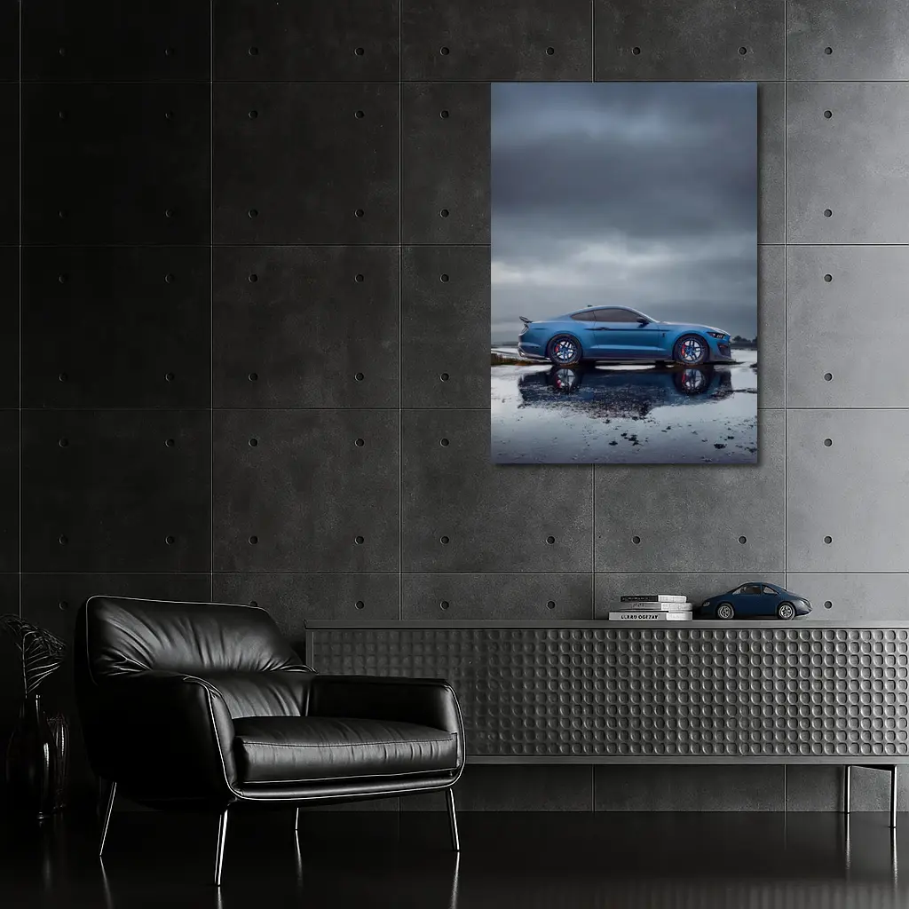 Ford Mustang Blue Stormy Reflective Landscape – Wall Art