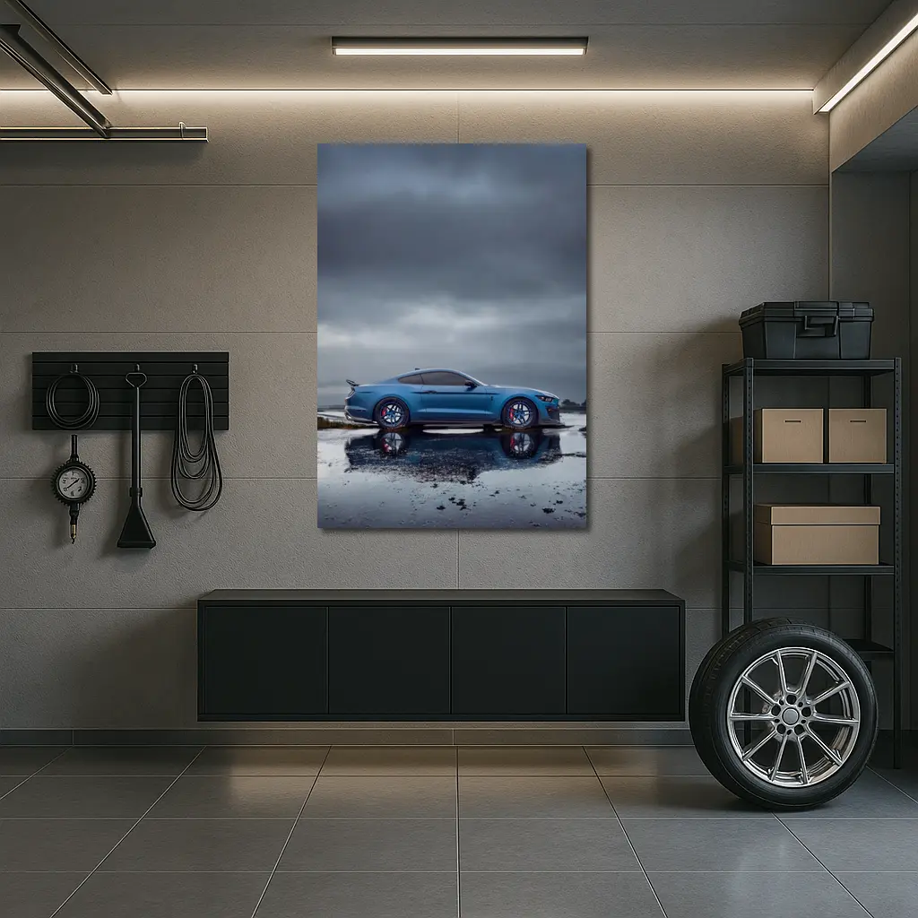 Ford Mustang Blue Stormy Reflective Landscape – Wall Art