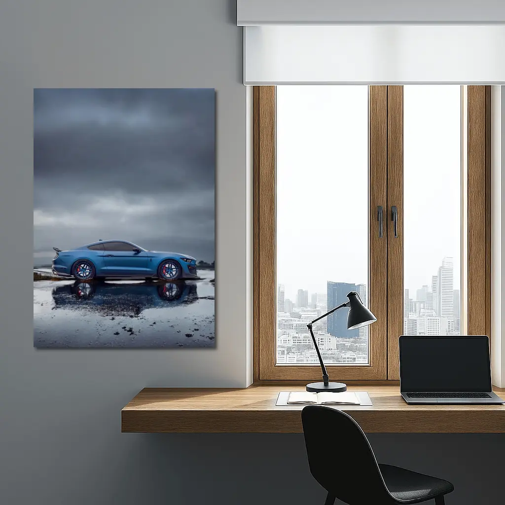 Ford Mustang Blue Stormy Reflective Landscape – Wall Art