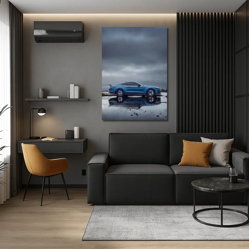 Ford Mustang Blue Stormy Reflective Landscape – Wall Art
