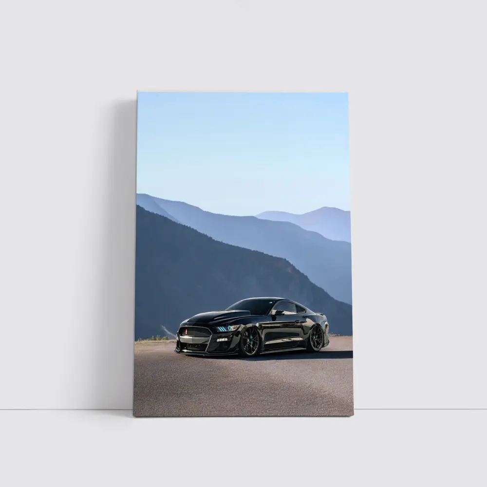 Black Ford Mustang Parked Against Mountain Backdrop – Wall Art